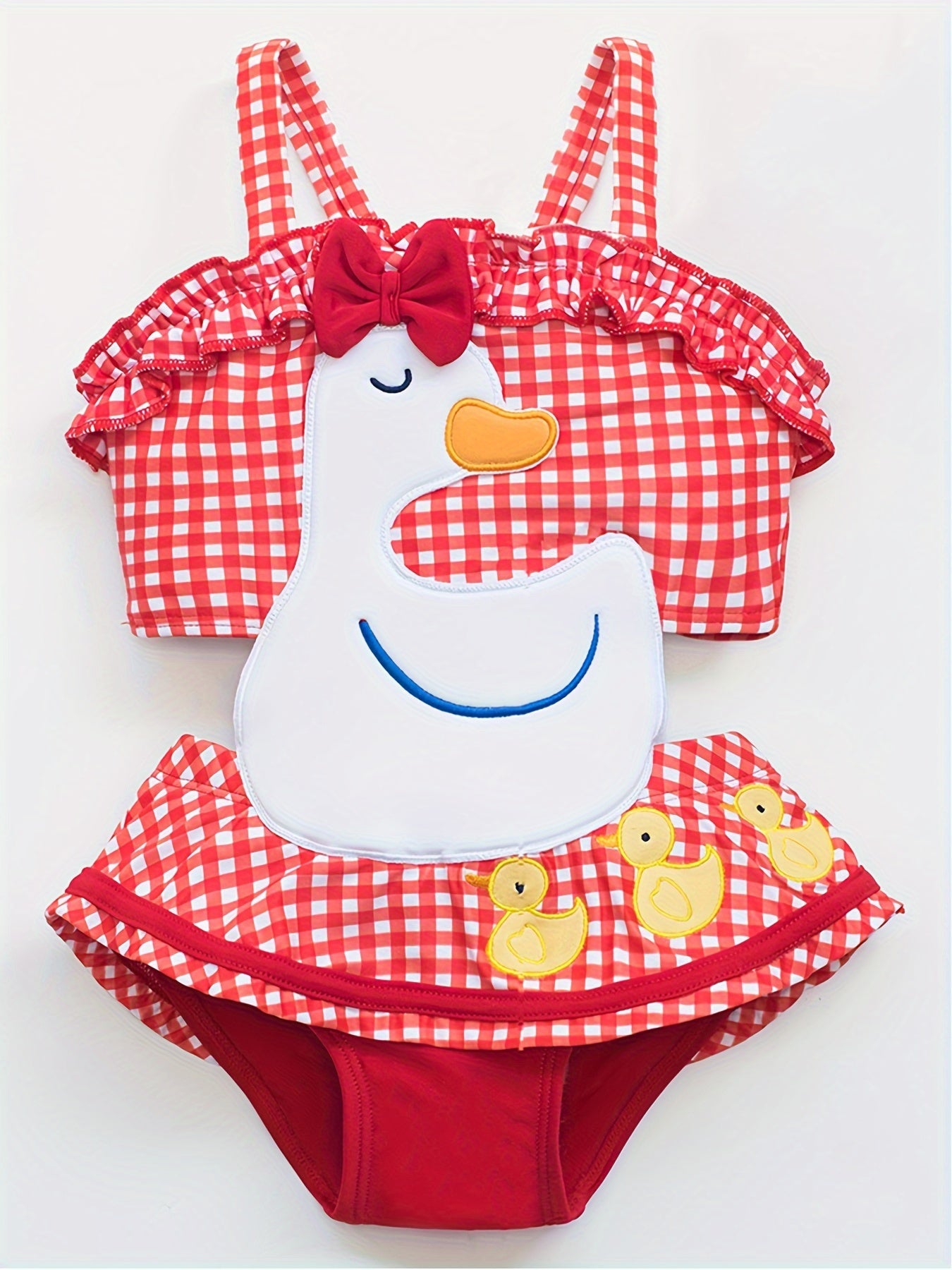 Girls Duck & Bow Plaid Swimwear Bathing Suit For Beachwear