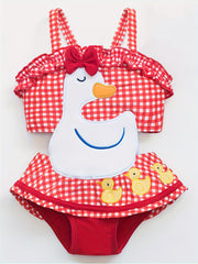 Girls Duck & Bow Plaid Swimwear Bathing Suit For Beachwear