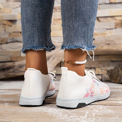 Women's Flower Pattern Knit Sock Sneakers Lace Up Shoes