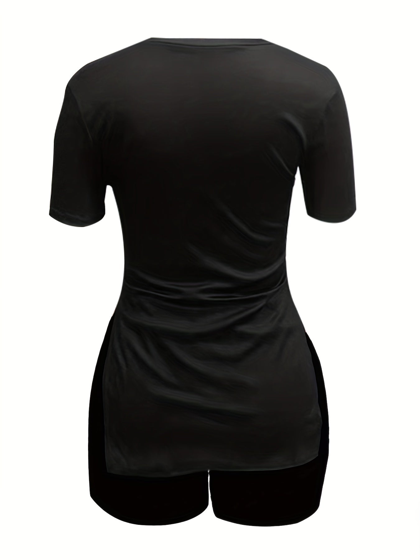 2pcs Heart And Cat Graphic Split Tee & Shorts Set Women's Activewear
