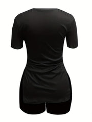 2pcs Heart And Cat Graphic Split Tee & Shorts Set Women's Activewear
