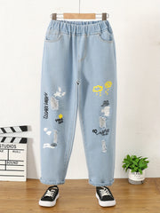 Girls Cartoon Pattern Denim Jeans Elastic Waistband Kids Clothes