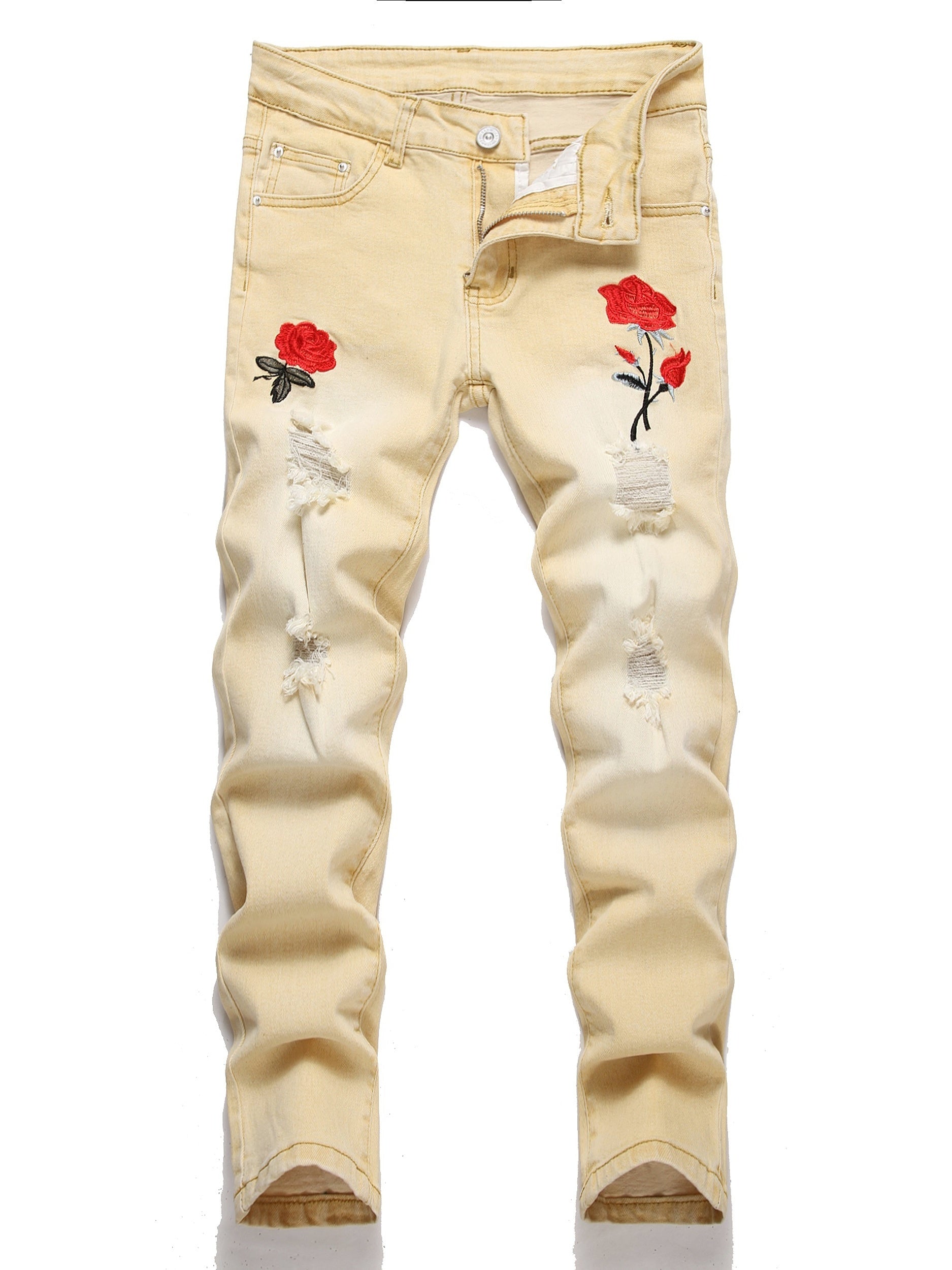 Boys Rose Print Ripped Jeans Skinny Denim Pants
