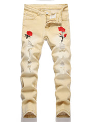 Boys Rose Print Ripped Jeans Skinny Denim Pants
