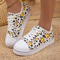 Women's Baseball Print Canvas Lace-Up Sneakers Lightweight Flat Shoes