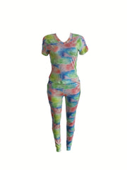 Casual Tie Dye 2pc Set V Neck T-shirt & Slim Pants Outfit