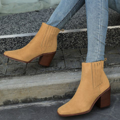 Chunky Heeled Ankle Boots Square Toe Casual Shoes