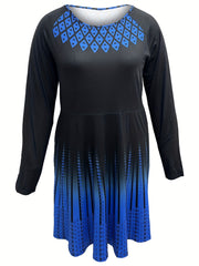 Women's Plus Ombre Geometric Print Long Sleeve A-line Dress