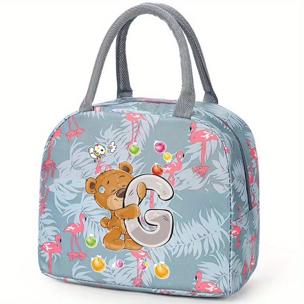 Insulated Lunch Bag with Bear & Tropical Letter A Thermal Cooler Tote
