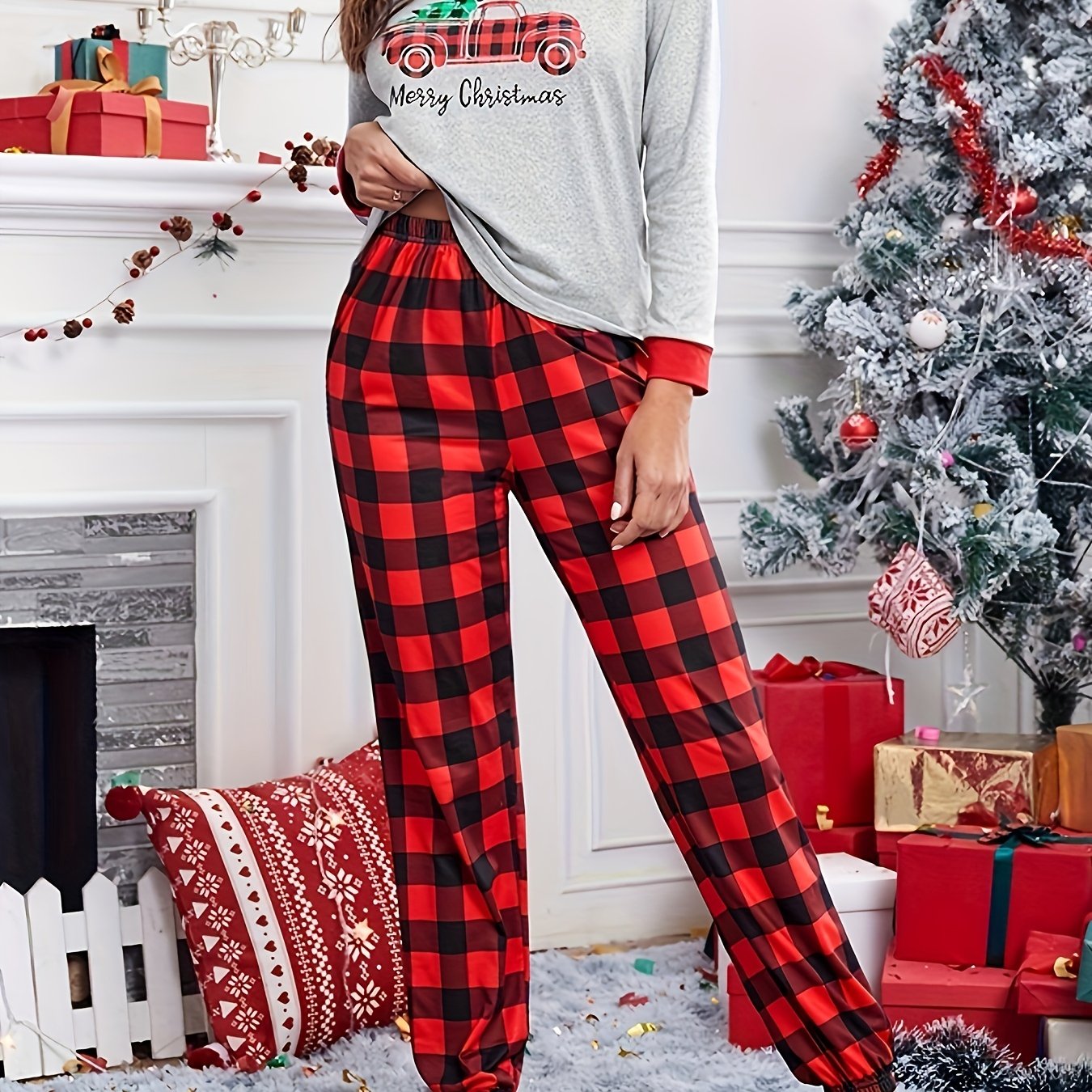 Plaid Print Christmas Pajama Set Long Sleeve Top & Pants Women's Sleepwear
