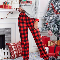 Plaid Print Christmas Pajama Set Long Sleeve Top & Pants Women's Sleepwear