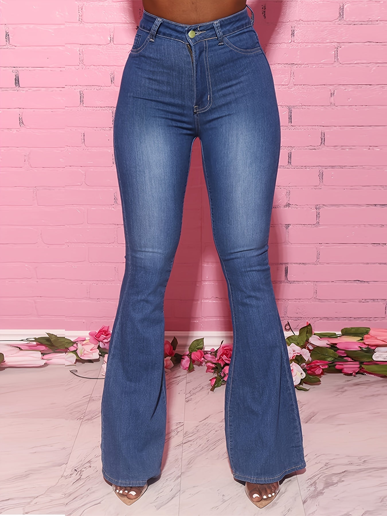 High Rise Curvy Bell Bottom Wide Legs Jeans High Waist Plain Flare Denim Pants