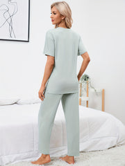 Ribbed Pajamas Set Crew Neck Split Top & Pants Women's Sleepwear