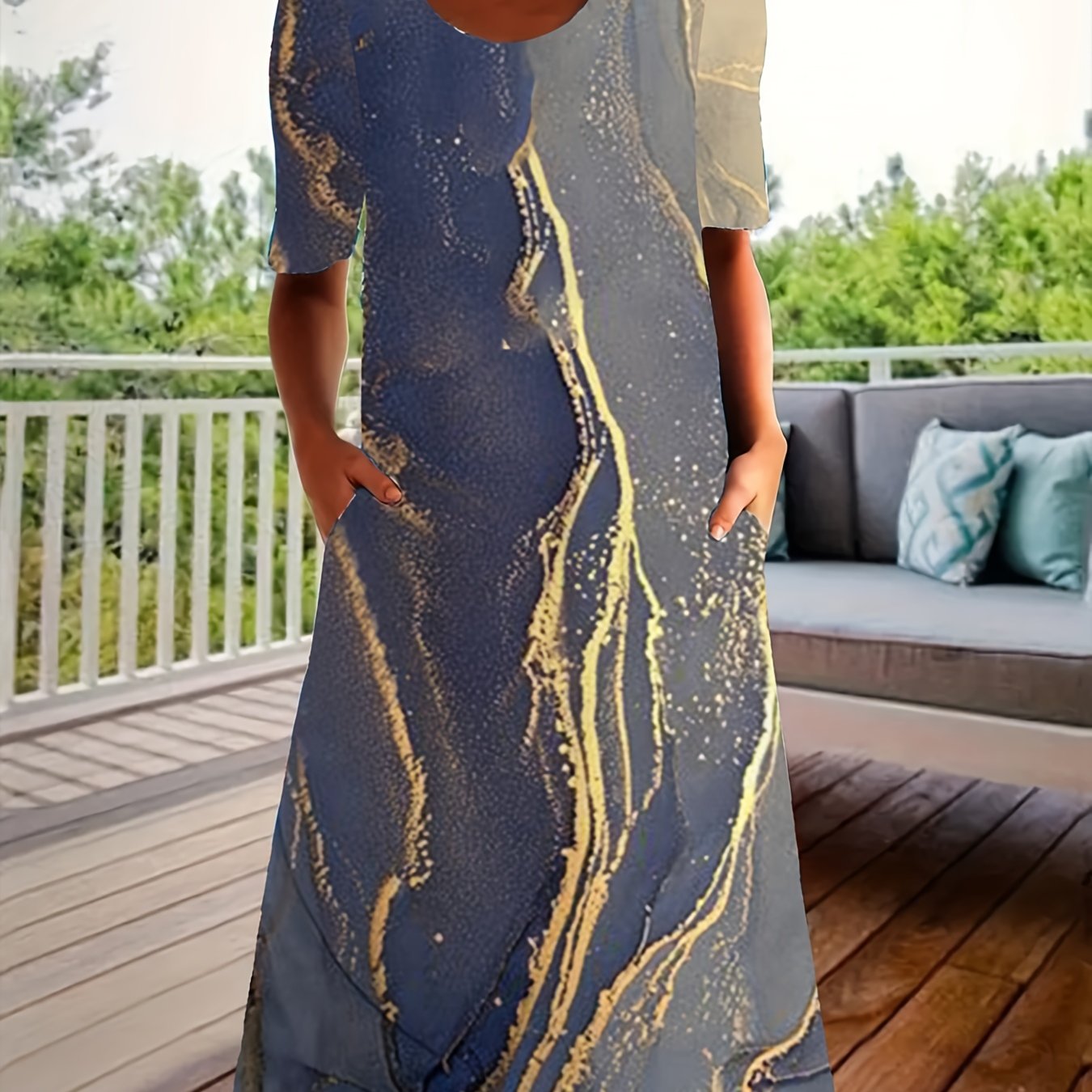 Women's Plus Marble Print Short Sleeve Round Neck Dress With Pockets