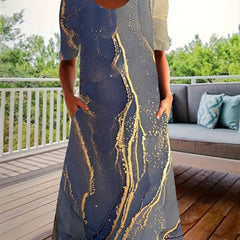 Women's Plus Marble Print Short Sleeve Round Neck Dress With Pockets