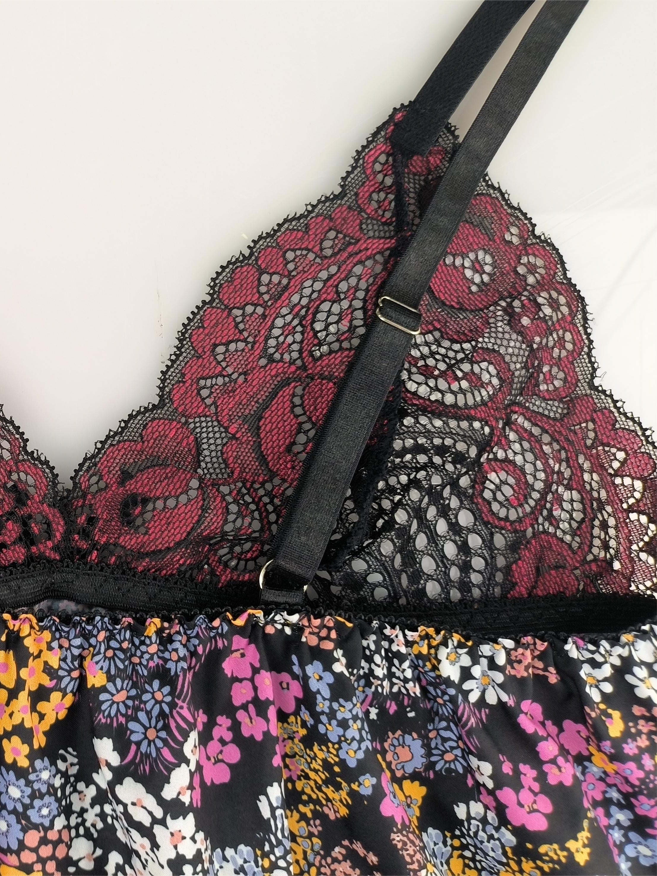 Floral Print Slip Nightdress Lace V Neck Sleep Dress