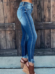 Washed Fringe Trim High Stretch Skinny Jeans