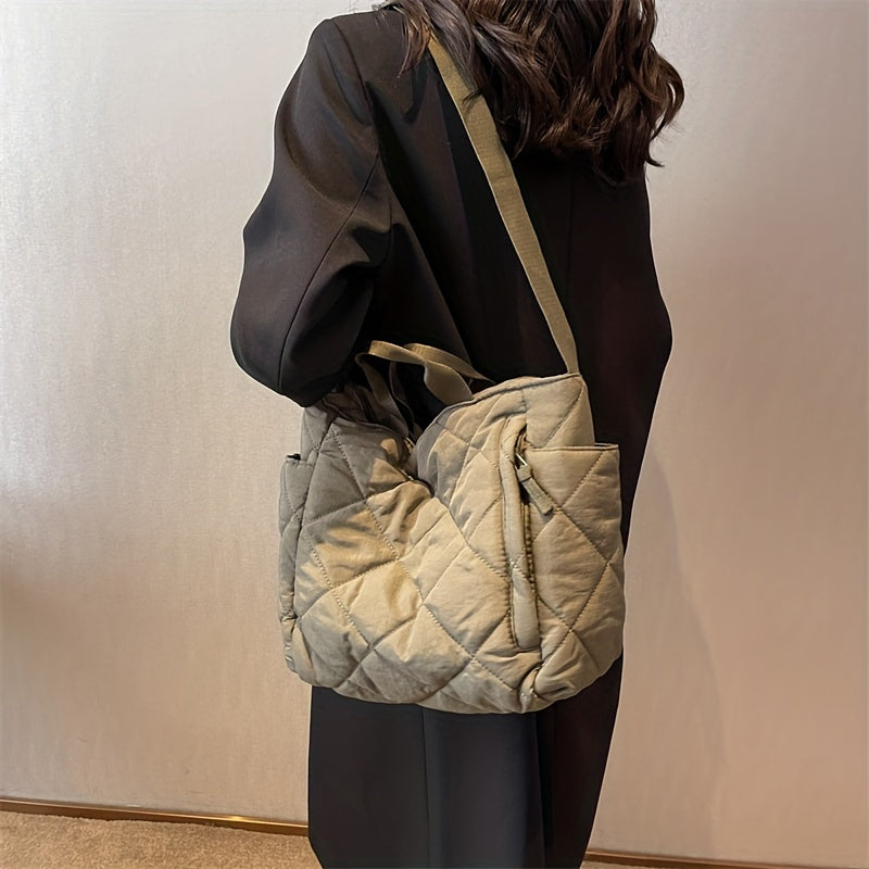 Large Capacity Quilted Tote Bag Soft Crossbody Bag Women's Casual Handbag