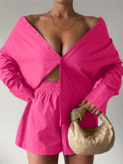 2-Piece Set: Long Sleeve Shirt & Elastic Waist Shorts