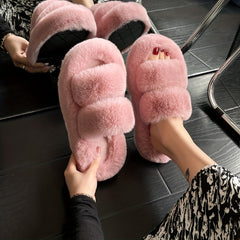 Women's Solid Faux Fur Slippers Plush Platform Shoes