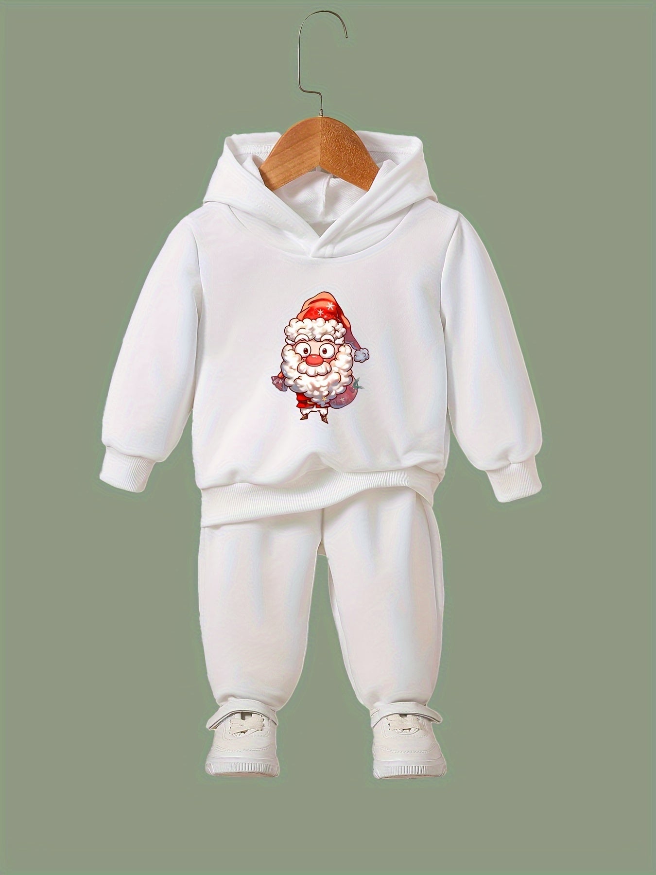 Santa Print Hooded Pullover Pants Set For Sports Spring Fall Gift