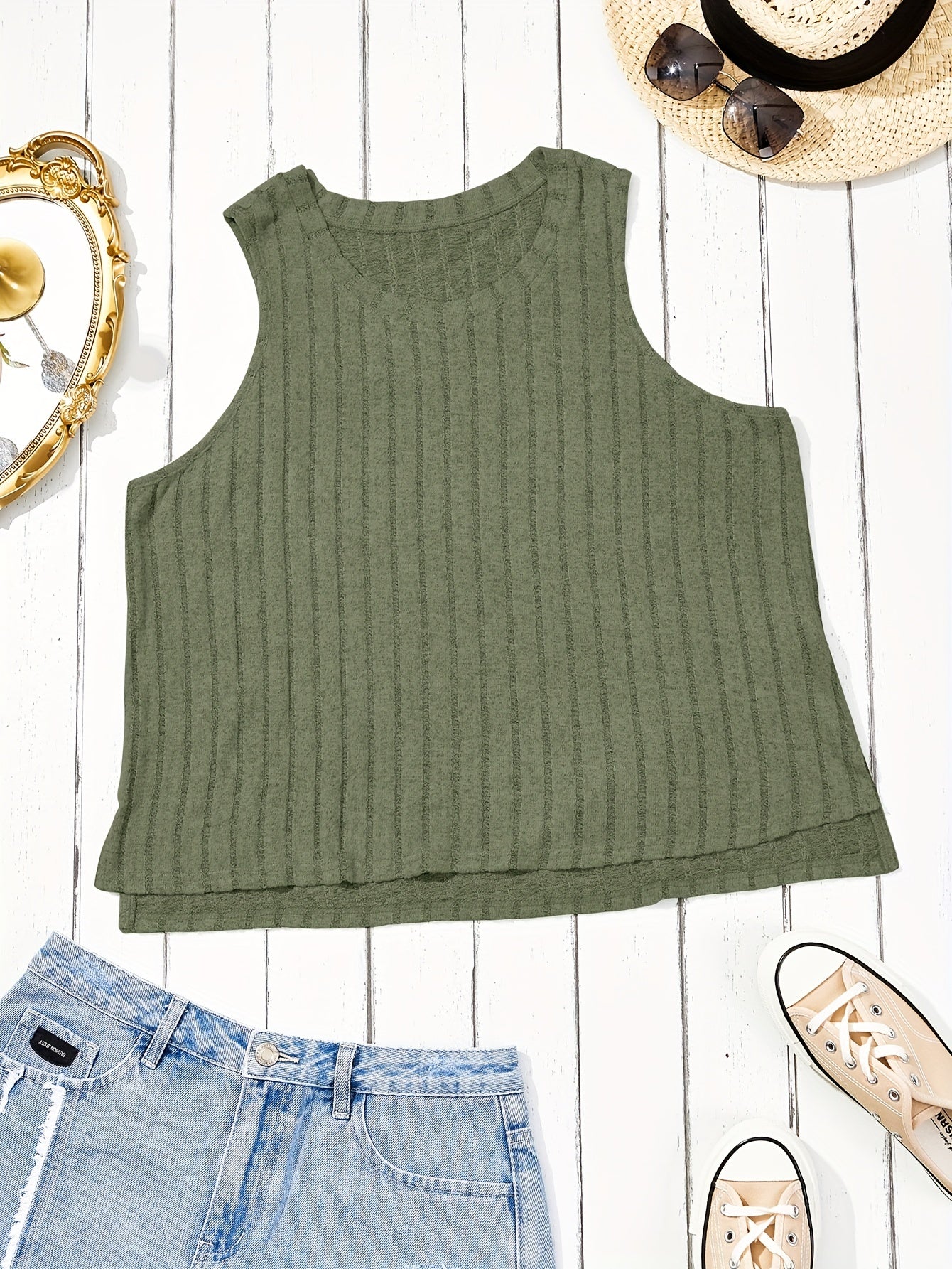 Ribbed Tank Top Solid Color Round Neck Summer Sleeveless Tee