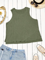 Ribbed Tank Top Solid Color Round Neck Summer Sleeveless Tee