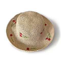 Vintage Straw Bucket Hat Cherry Ruffles Sun Hat