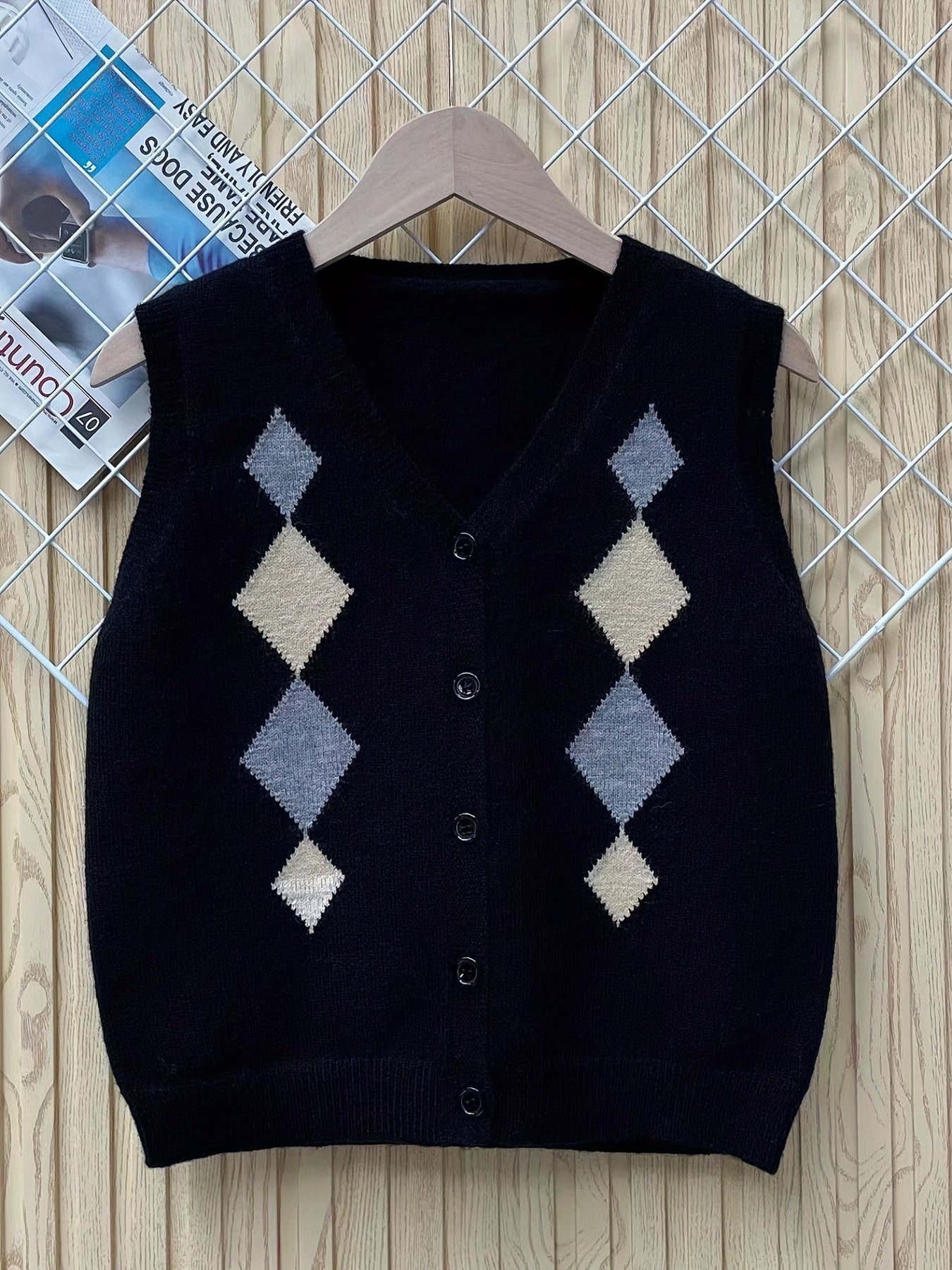 Boys Geometric Print Knitted Vest with Button
