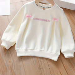 Girls Bow Monogram Embroidery Graphic Sweatshirt Long Sleeve Pullover