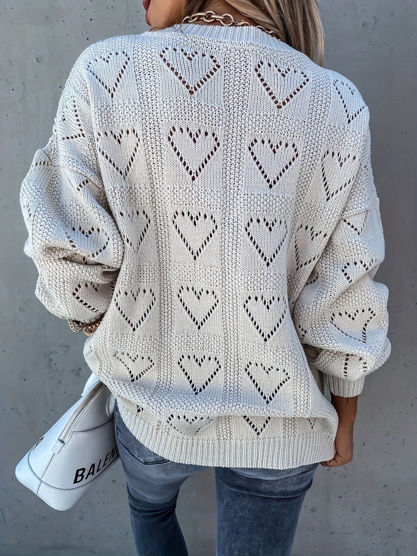 Heart Pattern Cut Out V Neck Sweater Casual Long Sleeve Sweater