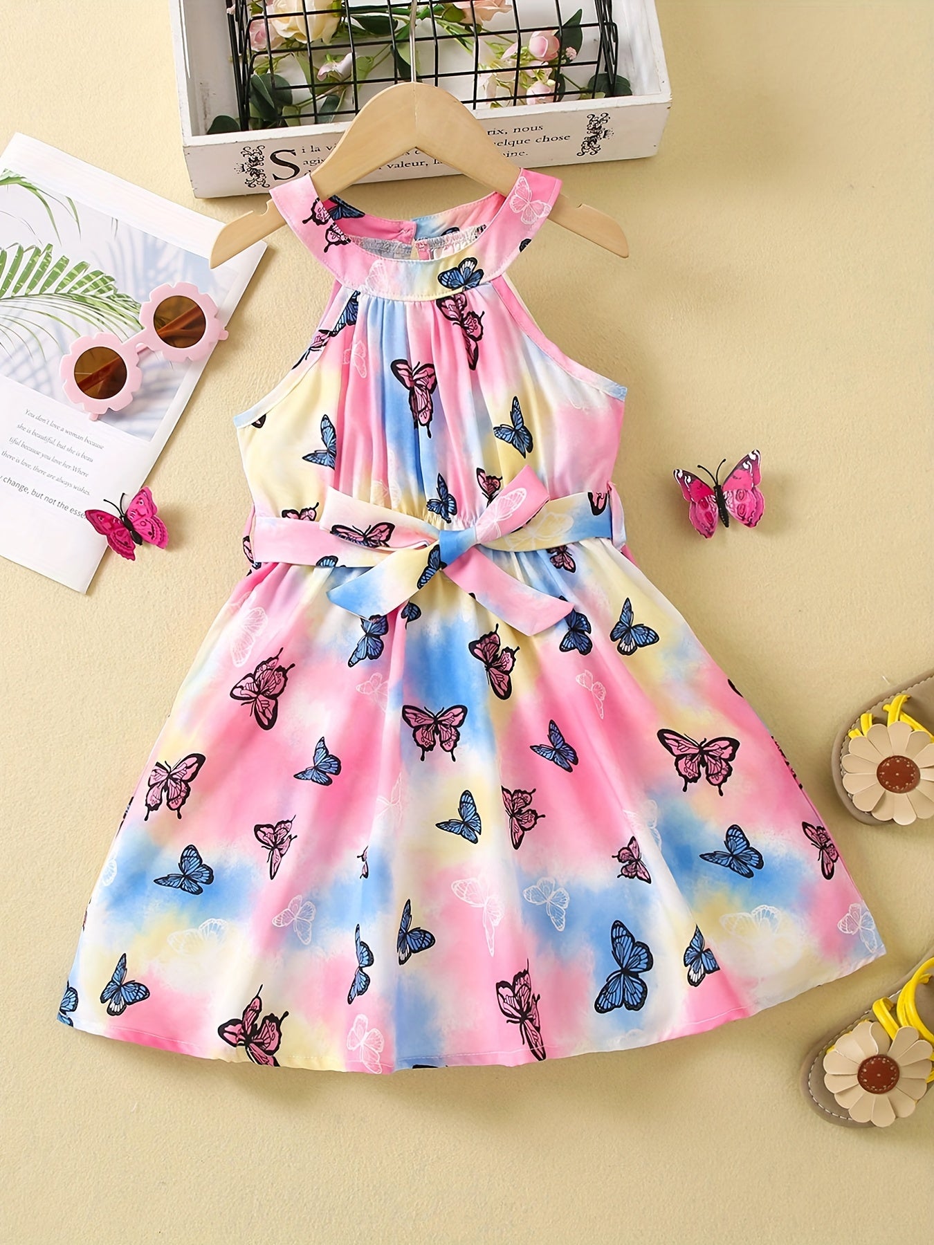 Toddler Girls Tie Dye Butterfly Graphic Halter Neck Dress