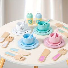 Wooden Play Kitchen Utensil Set Cups Dishes Knives Forks Spoons Educational Toy
