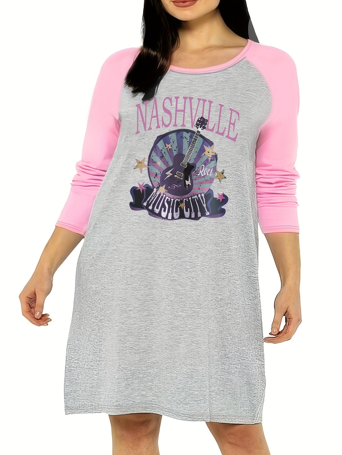 Guitar & Letter Print Raglan Sleeve Tee Sleep Dress
