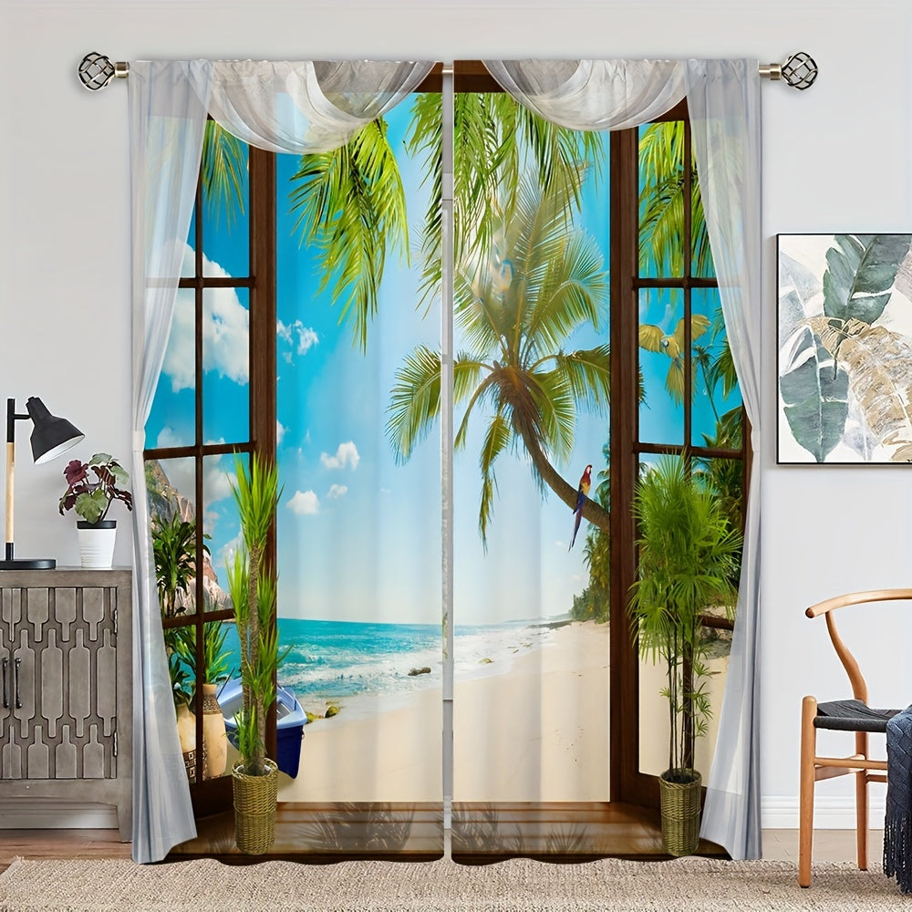 2pcs 3D Beach Landscape Window Curtains Rod Pocket Style Home Decor