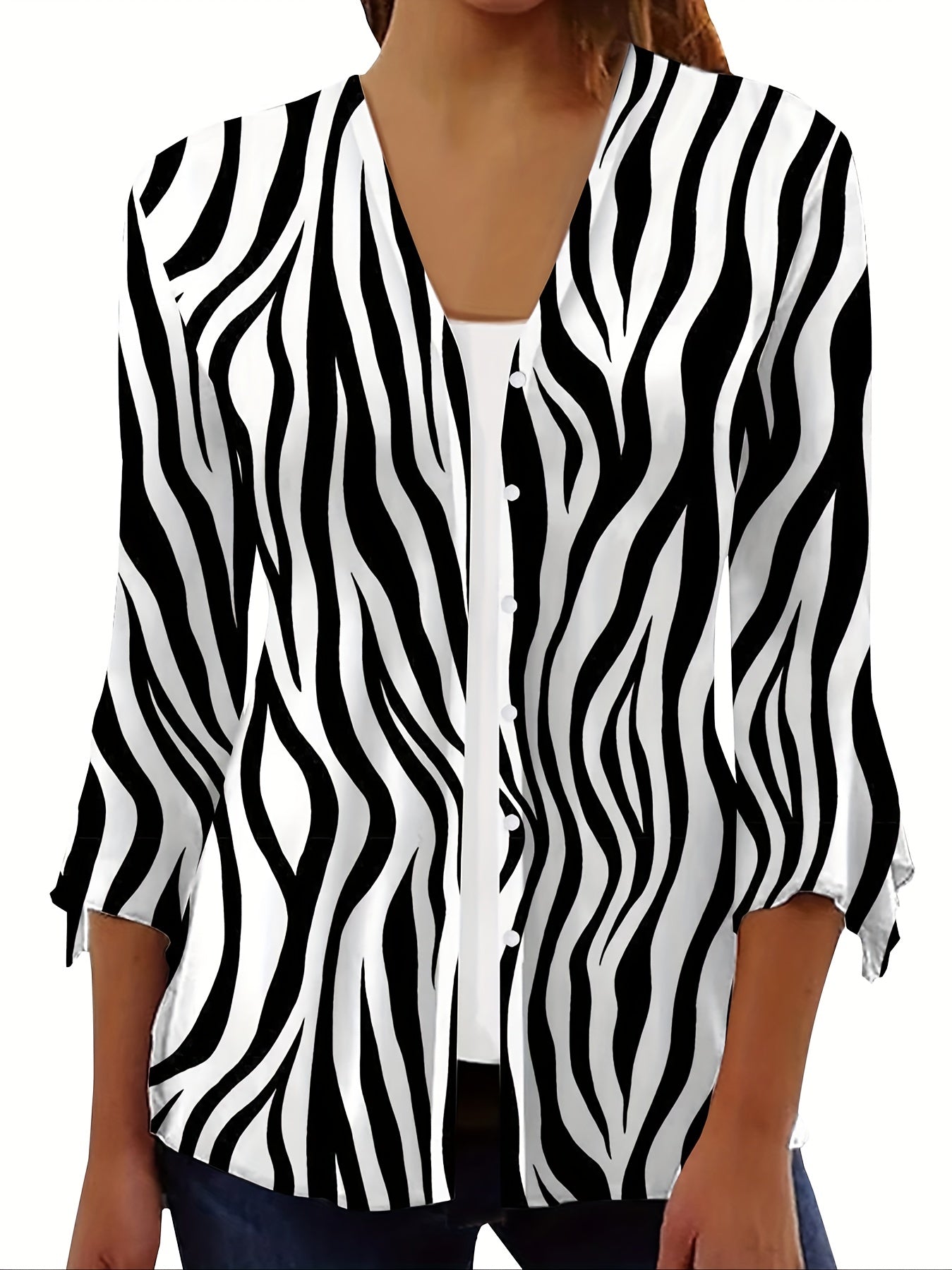 Floral Print Button Front Blouse Three Quarter Sleeve Cardigan