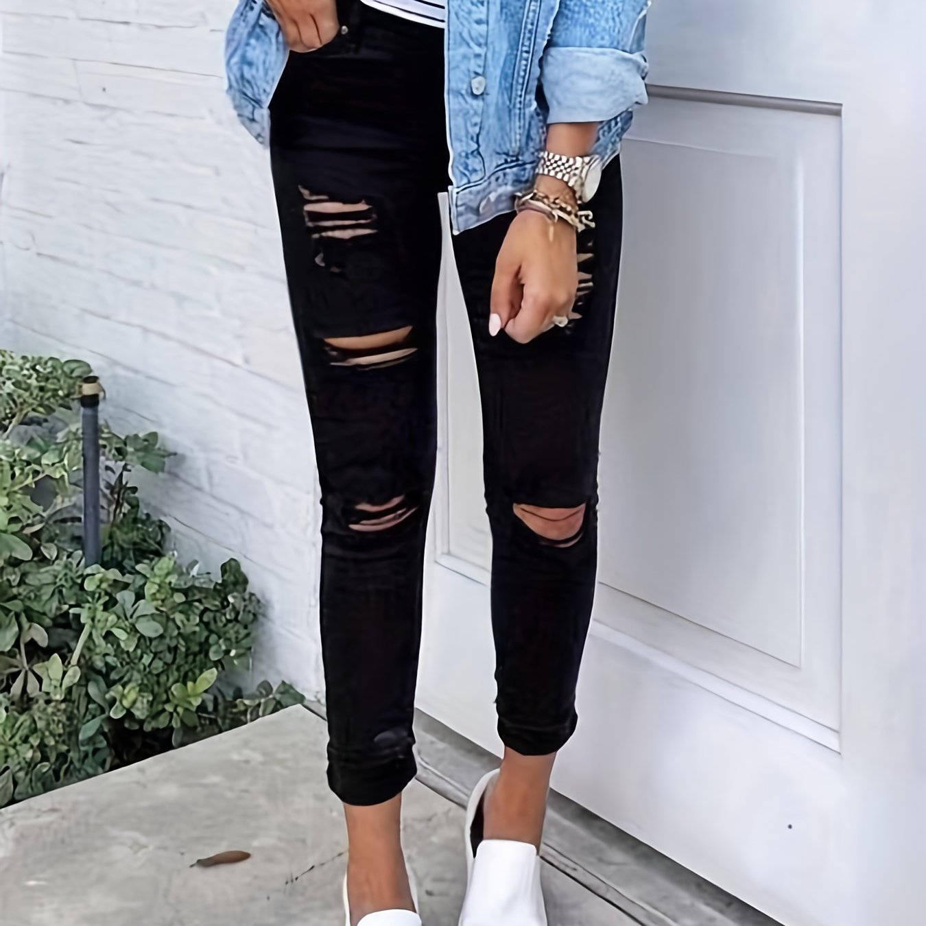 Ripped Holes Skinny Jeans Slim Fit Slash Pockets Slight Stretch Casual Denim Pan