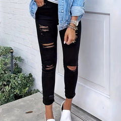 Ripped Holes Skinny Jeans Slim Fit Slash Pockets Slight Stretch Casual Denim Pan
