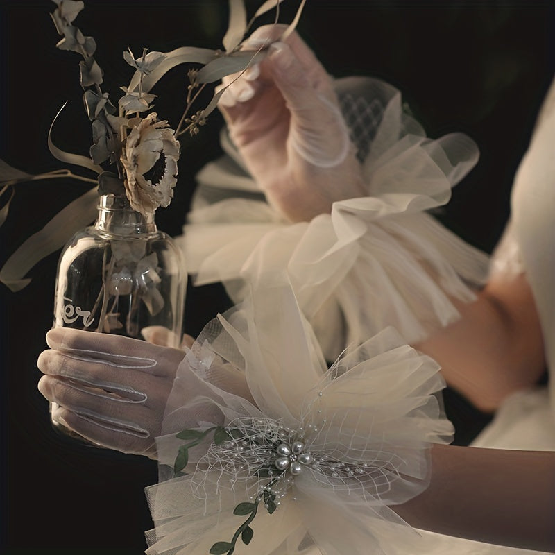 Lace Transparent Gloves Faux Pearl Green Leaves Decorative Wedding Bridal Gloves
