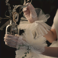 Lace Transparent Gloves Faux Pearl Green Leaves Decorative Wedding Bridal Gloves