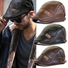Retro PU Leather Adjustable Beret Sun Hat for Men