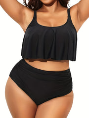 Solid Ruffle Trim Tankini Set