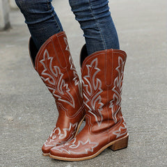 Embroidered Western Mid Calf Boots Cowgirl Pointed Toe Low Heel Slip On Boots