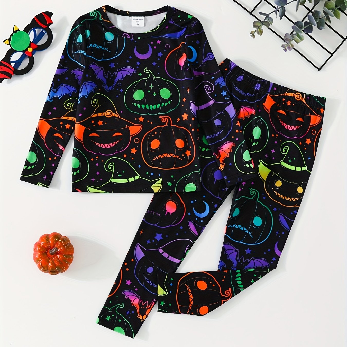 Girls Halloween 2pcs Pajamas Set Pumpkin Bats Print Long Sleeve