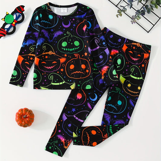 Girls Halloween 2pcs Pajamas Set Pumpkin Bats Print Long Sleeve