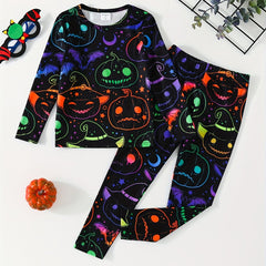 Girls Halloween 2pcs Pajamas Set Pumpkin Bats Print Long Sleeve