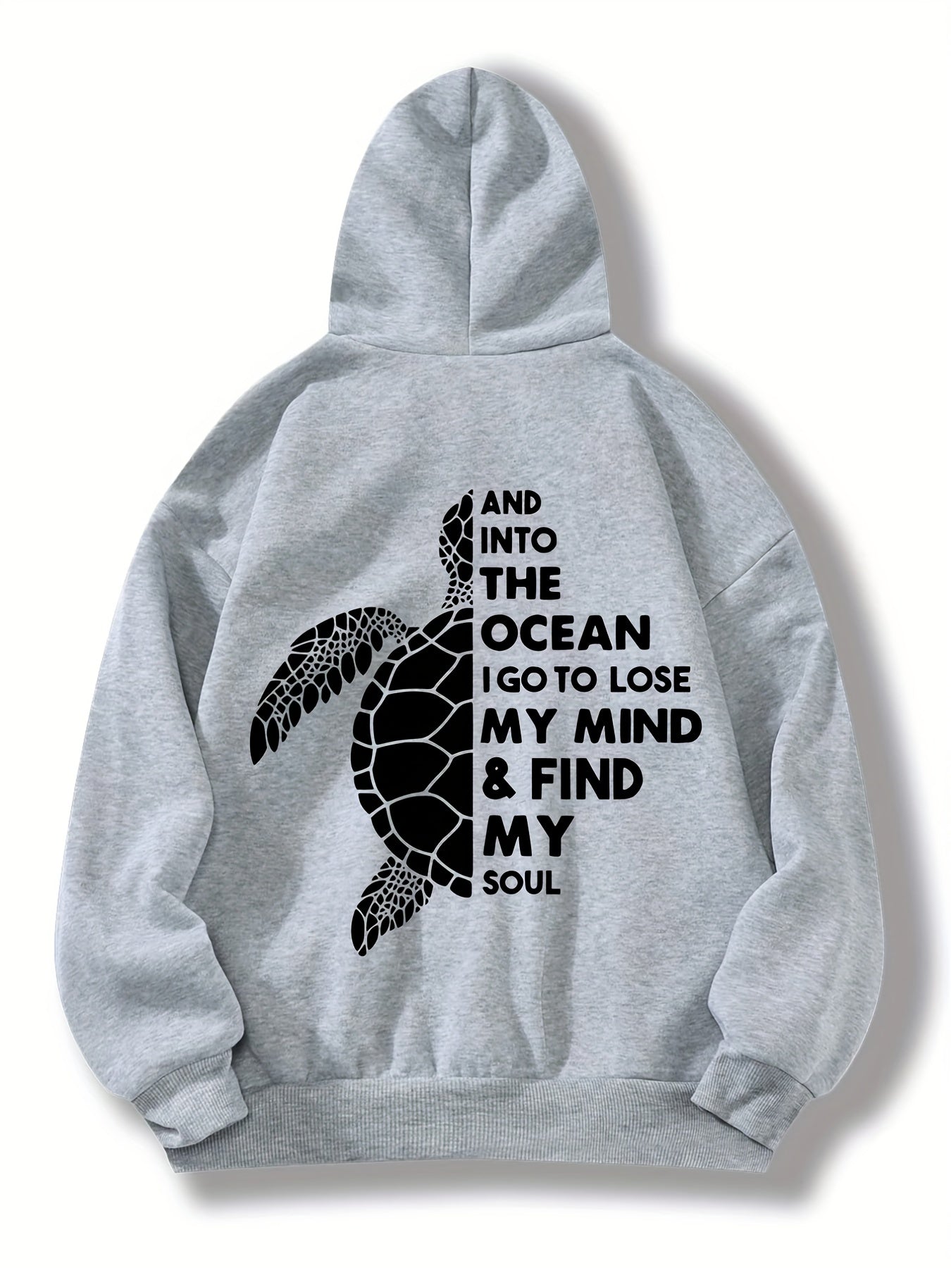 Turtle & Letter Print Kangaroo Pocket Hoodie Long Sleeve Drawstring Hoodies