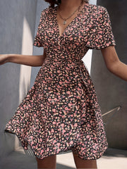 Floral Print V Neck Flutter Sleeve Dress