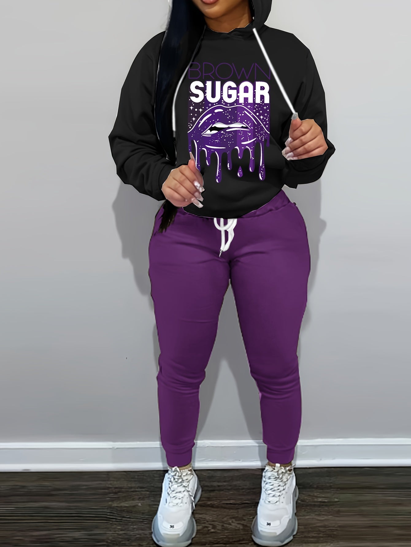 Women's Plus Lip & Letter Print Hoodie & Joggers Set