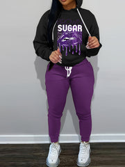 Women's Plus Lip & Letter Print Hoodie & Joggers Set
